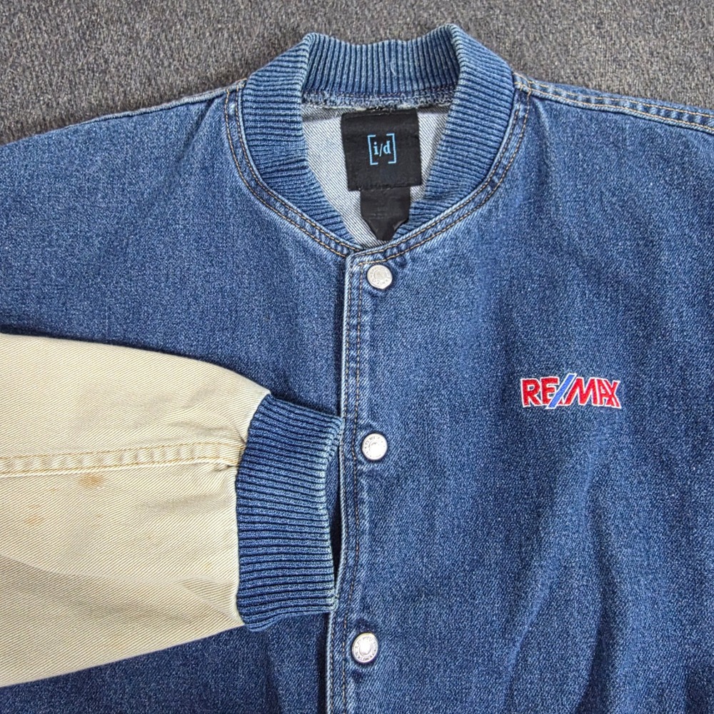 VTG ID Wear REMAX Denim Bomber Jacket Tan Sleeves Men Med Casual Streetwear Y2K